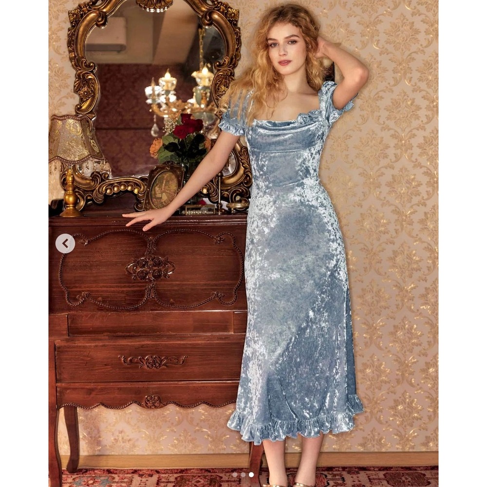 Light Blue Velvet Maxi Dress with Ruffle Hem